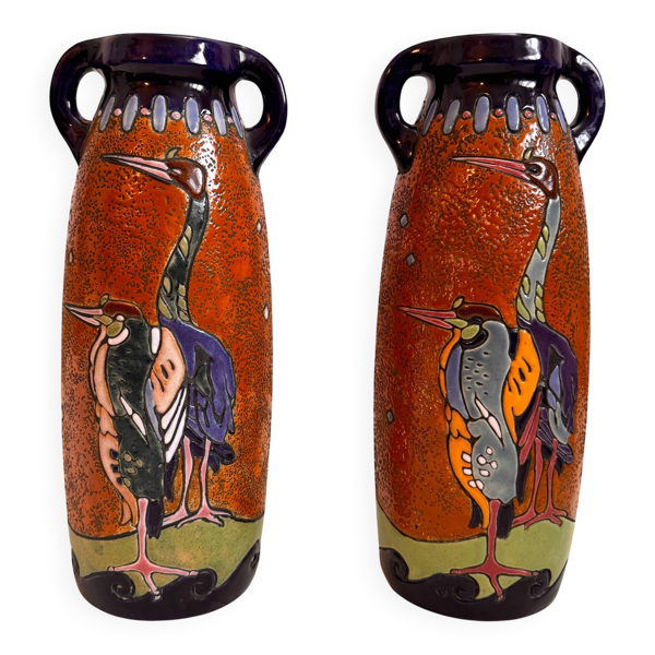 Paire vases Amphora Art Déco – Bohême années 20 – Oiseaux – 38 cm