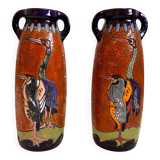 Pair of Art Deco Amphora Vases – Bohemia 1920s – Birds – 38 cm