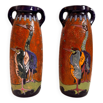 Pair of Art Deco Amphora Vases – Bohemia 1920s – Birds – 38 cm