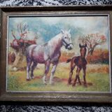 Antique oil painting depicting horses