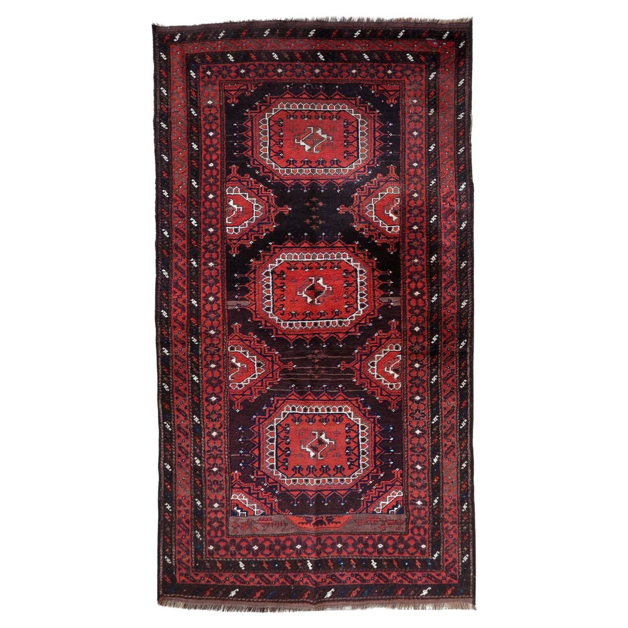Antique hand-knotted Afghan Baluch rug 116cm x 210cm - red & brown (1C1195)
