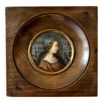 Peinture, miniature d'une femme avec cadre Napoléon III