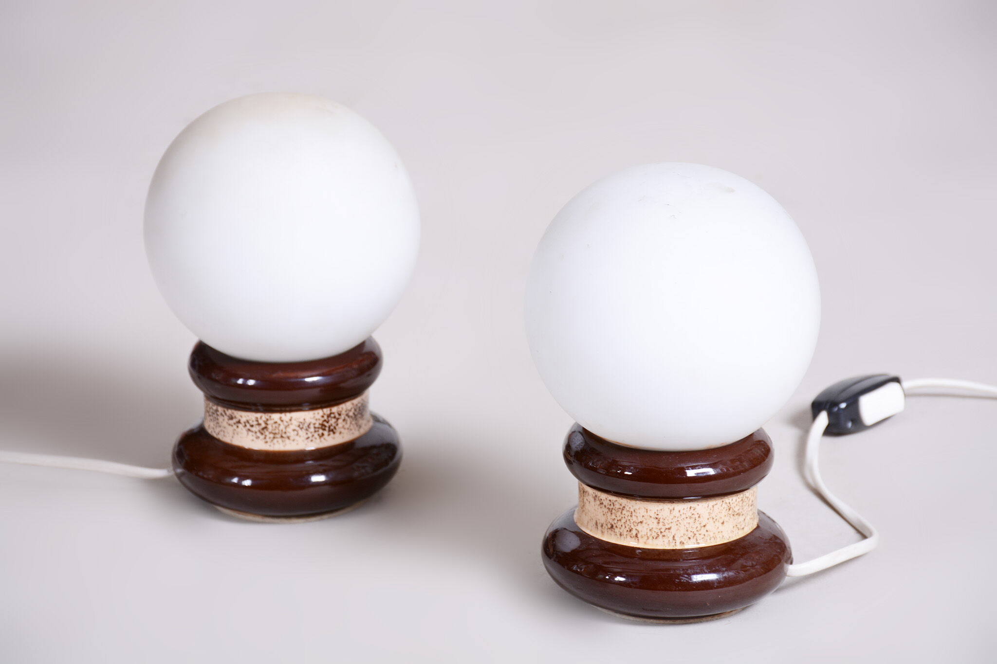 Pair of midcentury table lamps, ceramics, opal glass, functional, czechia, 1950s