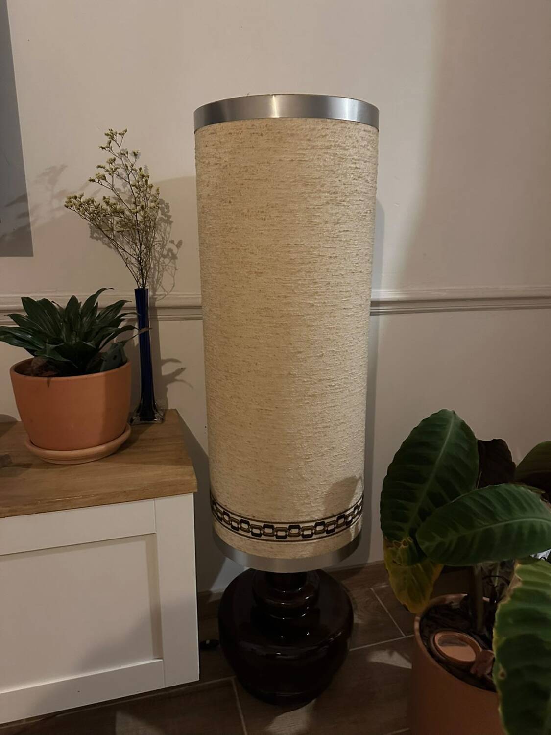 70's ceramic floor lamp with boucle fabric shade.