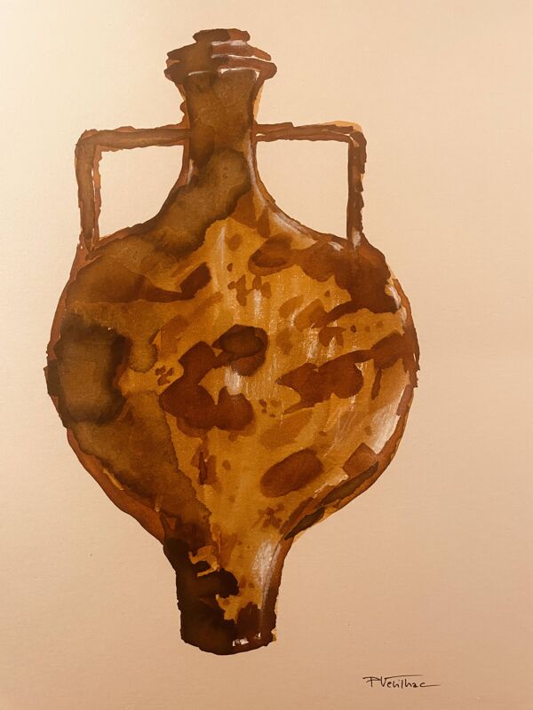 Tableau aquarelle et encre vase Wabi Sabi collection Marocco