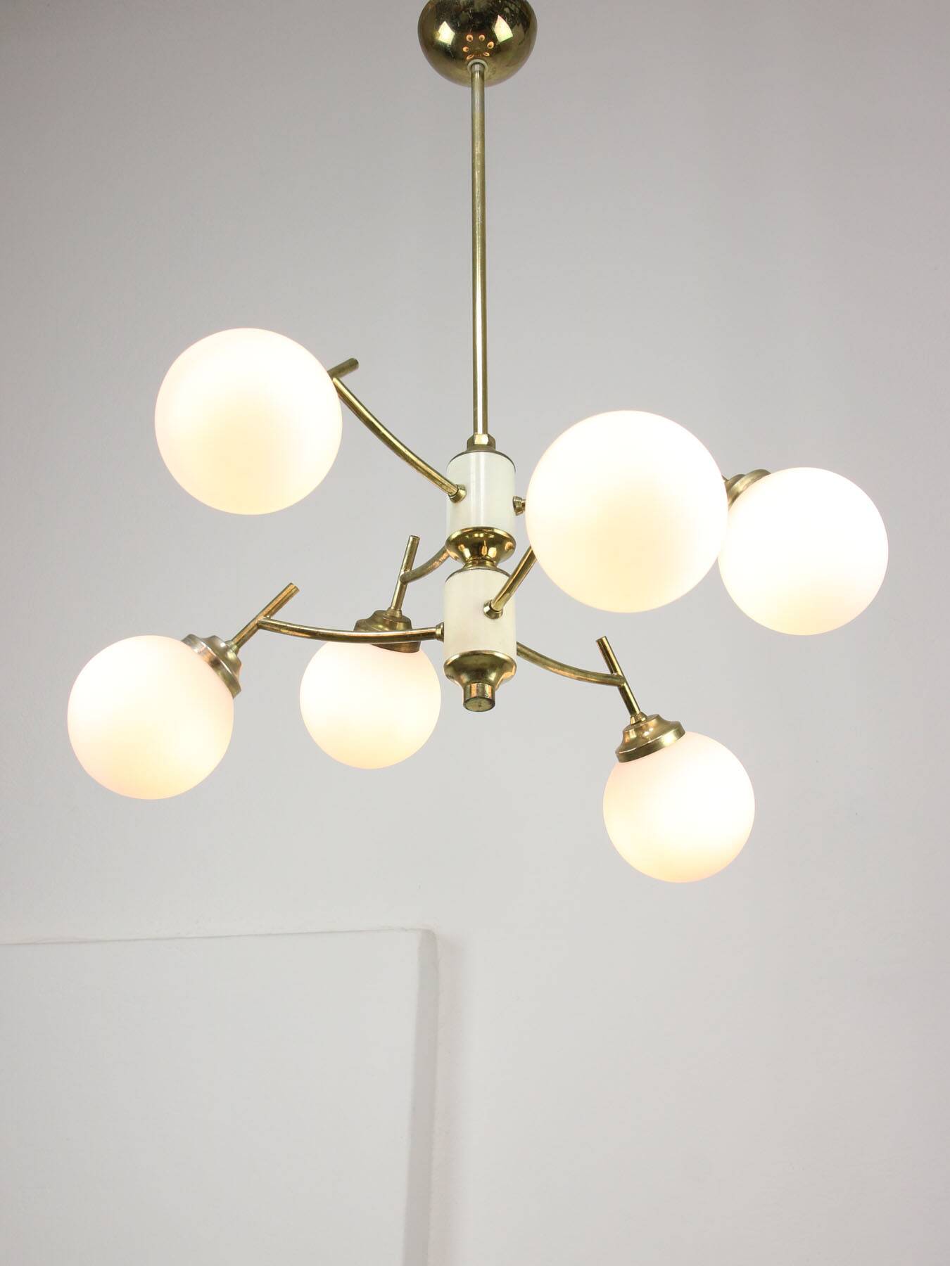 Mid-century Italian Brass and Opaline Chandelier, 50s