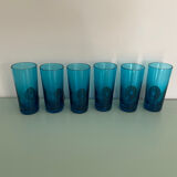 Six blue blown glass and enamel on copper glasses.