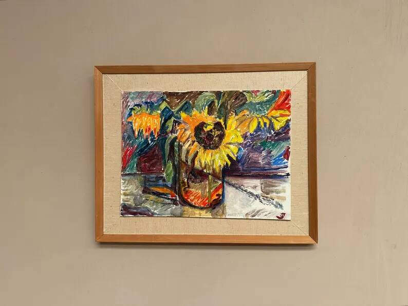 Original Swedish Oil on Panel – “Sunflowers” – Monogram Signed – Vintage & Framed