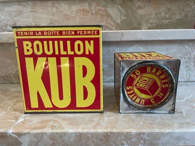 Duo of boxes Bouillon Kub metal 1950