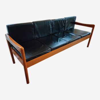 Sofa scandinave 4 places en cuir et merisier