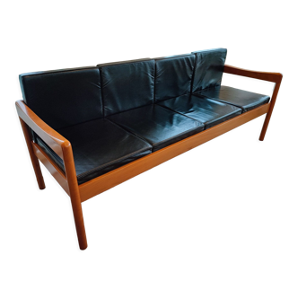 Sofa scandinave 4 places en cuir et merisier