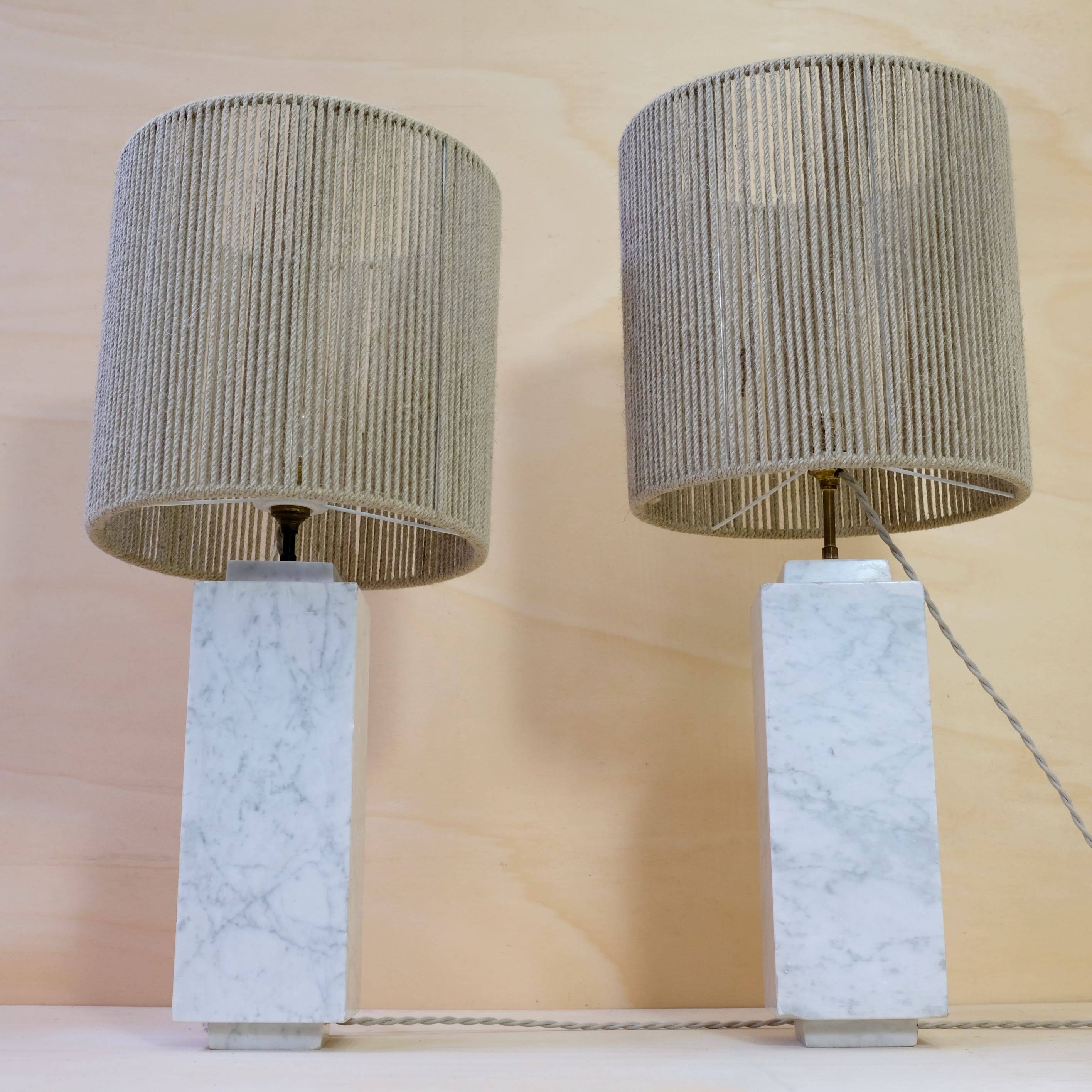 Pair of marble lamps from the 60s and their rope lampshades.