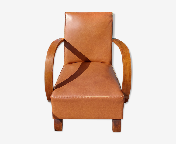 Fauteuil bas, simili cuir marron