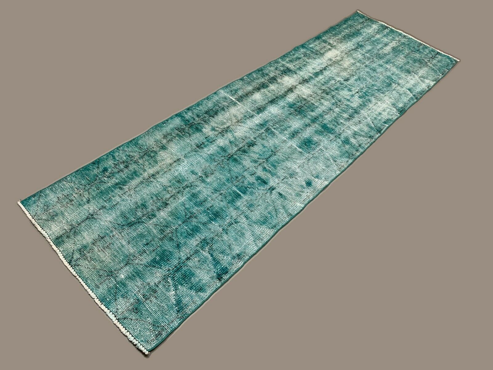 Distressed Turkish Narrow Runner 282x88 cm wool Vintage rug, Overdyed Blue