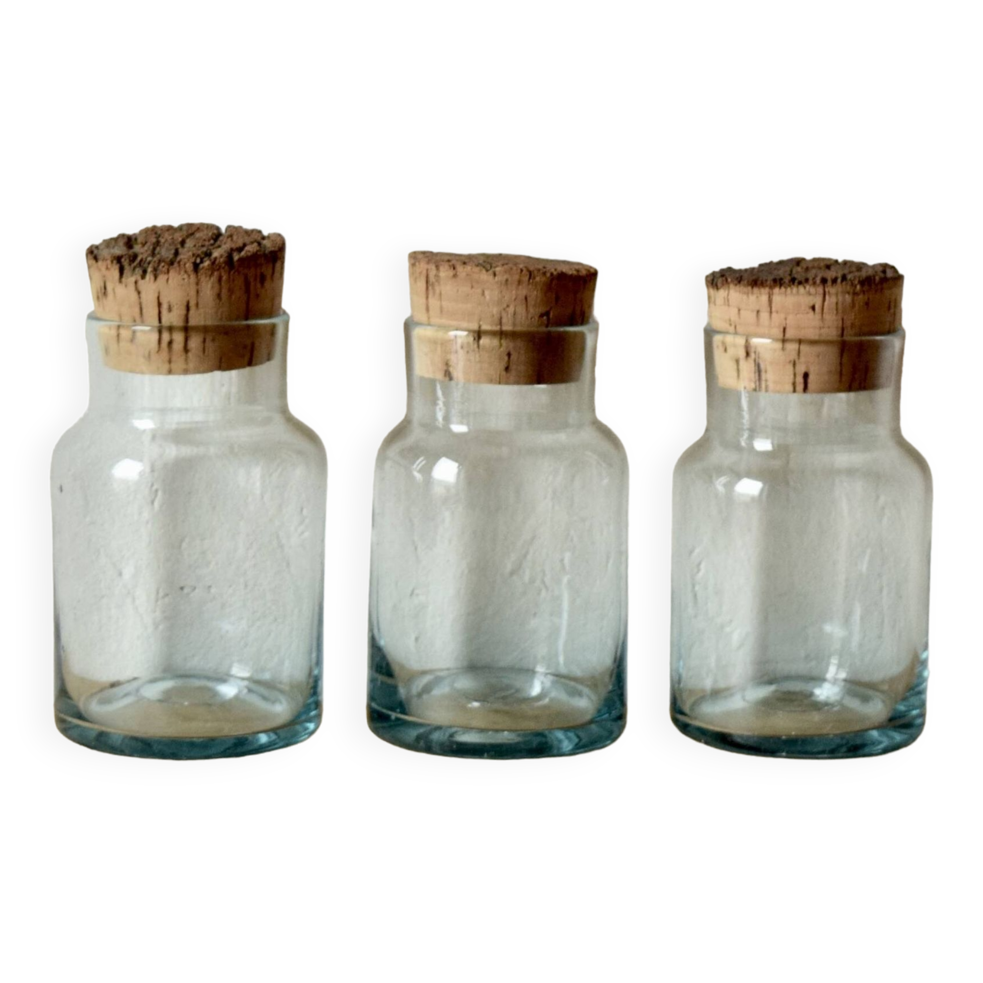 Set of 3 old blown glass pots and cork stoppers