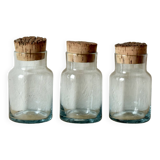 Set of 3 old blown glass pots and cork stoppers