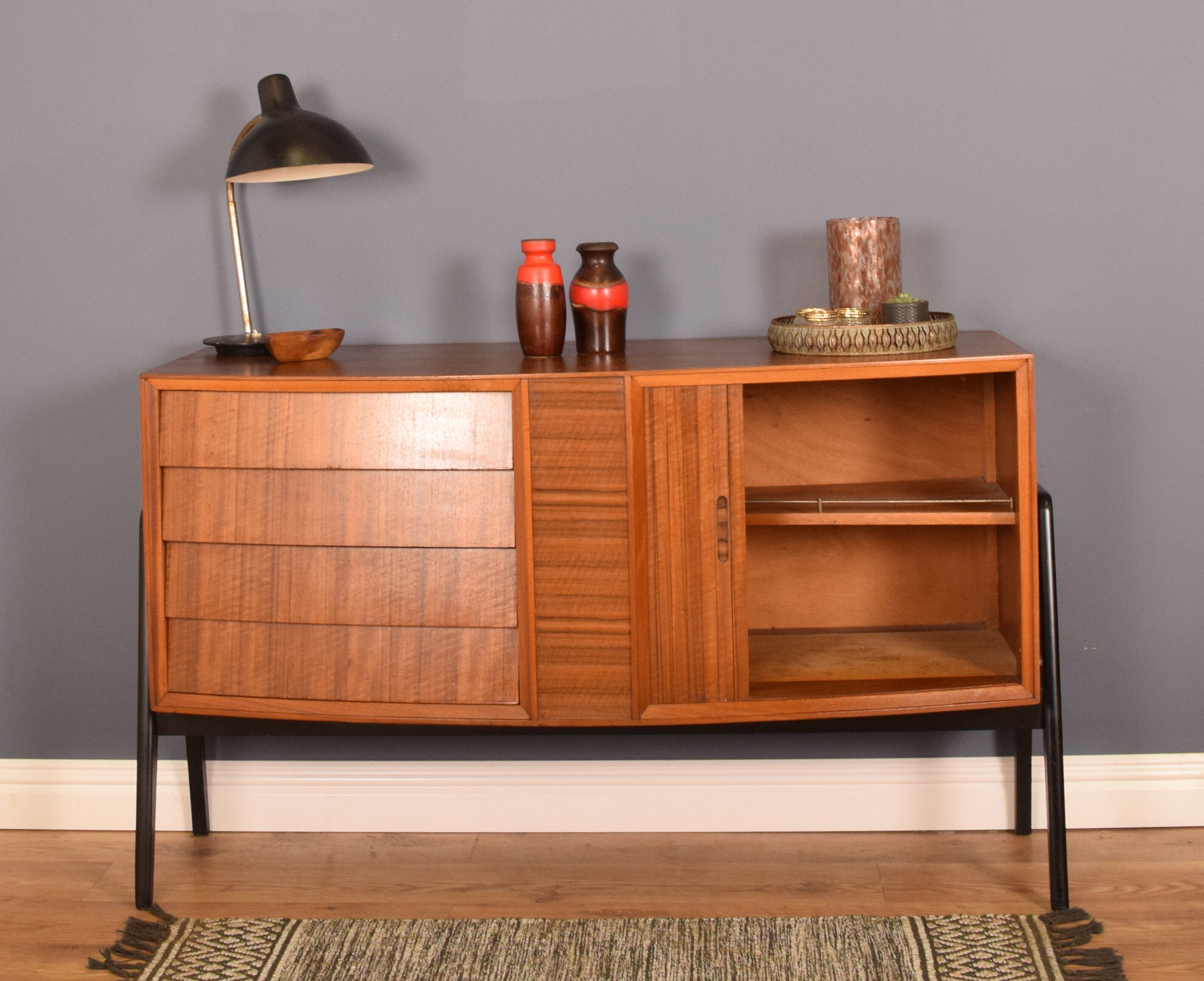 Restored Danish Style Walnut & Teak Sideboard With Tambour Doors