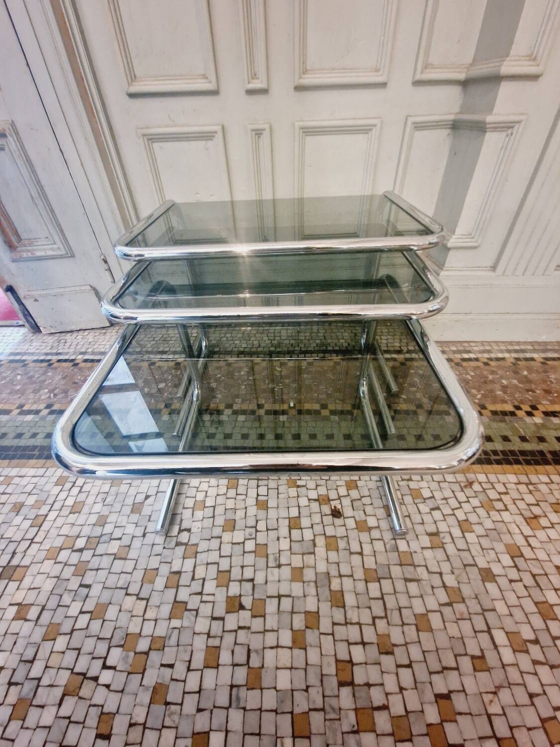 Vintage chrome smoked glass nesting coffee table