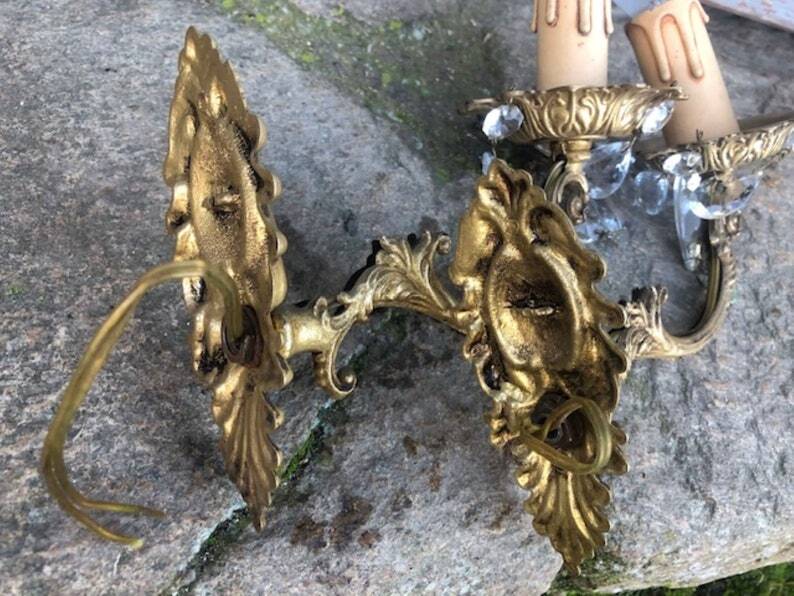 Vintage French Crystal Wall Sconces: Victorian Bronze & Brass Pair
