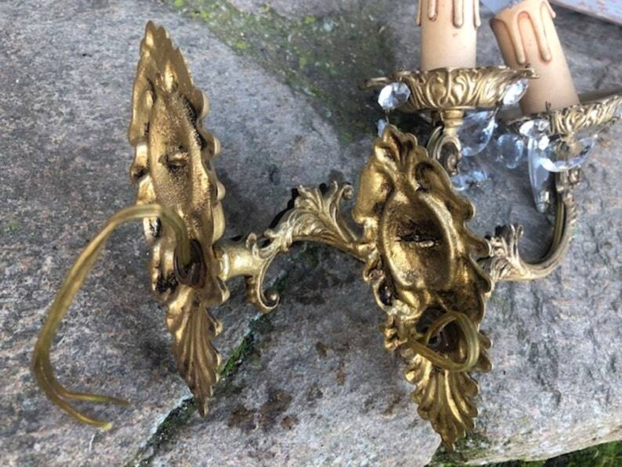 Vintage French Crystal Wall Sconces: Victorian Bronze & Brass Pair
