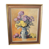 Huile sur bois encadrée et signée henri merlet : fleurs en vase