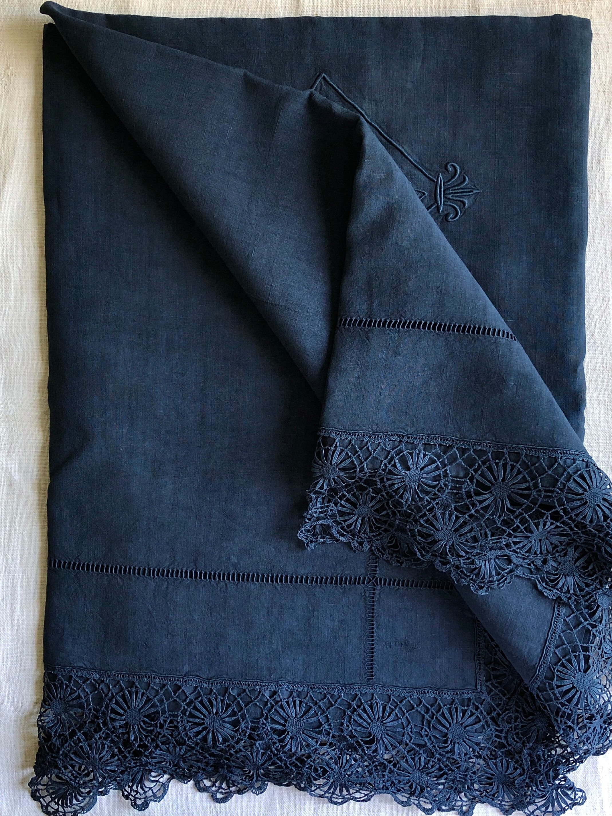 Old sheet in pure washed linen thread blue twilight