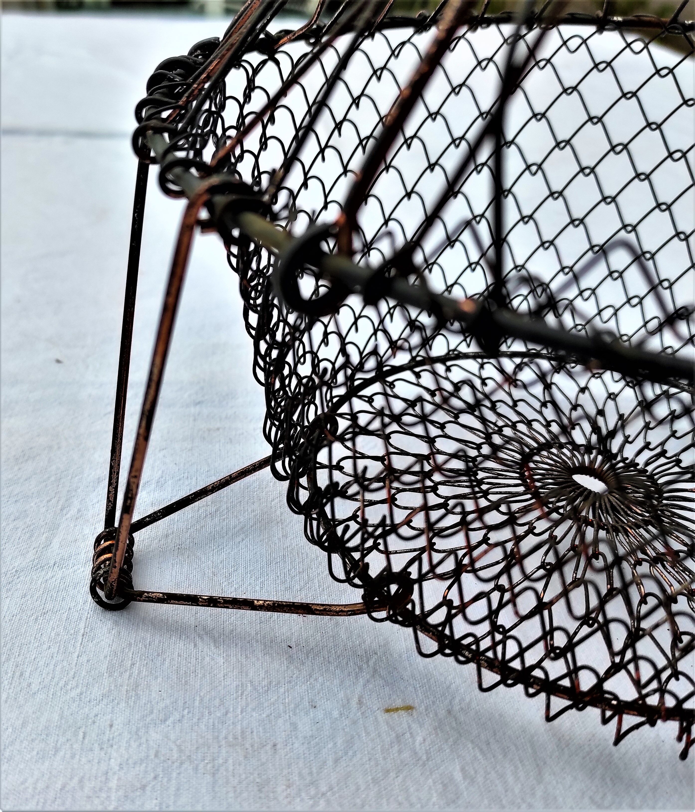 Vintage folding salad basket convertible into a fruit/egg cup ... with its green handles