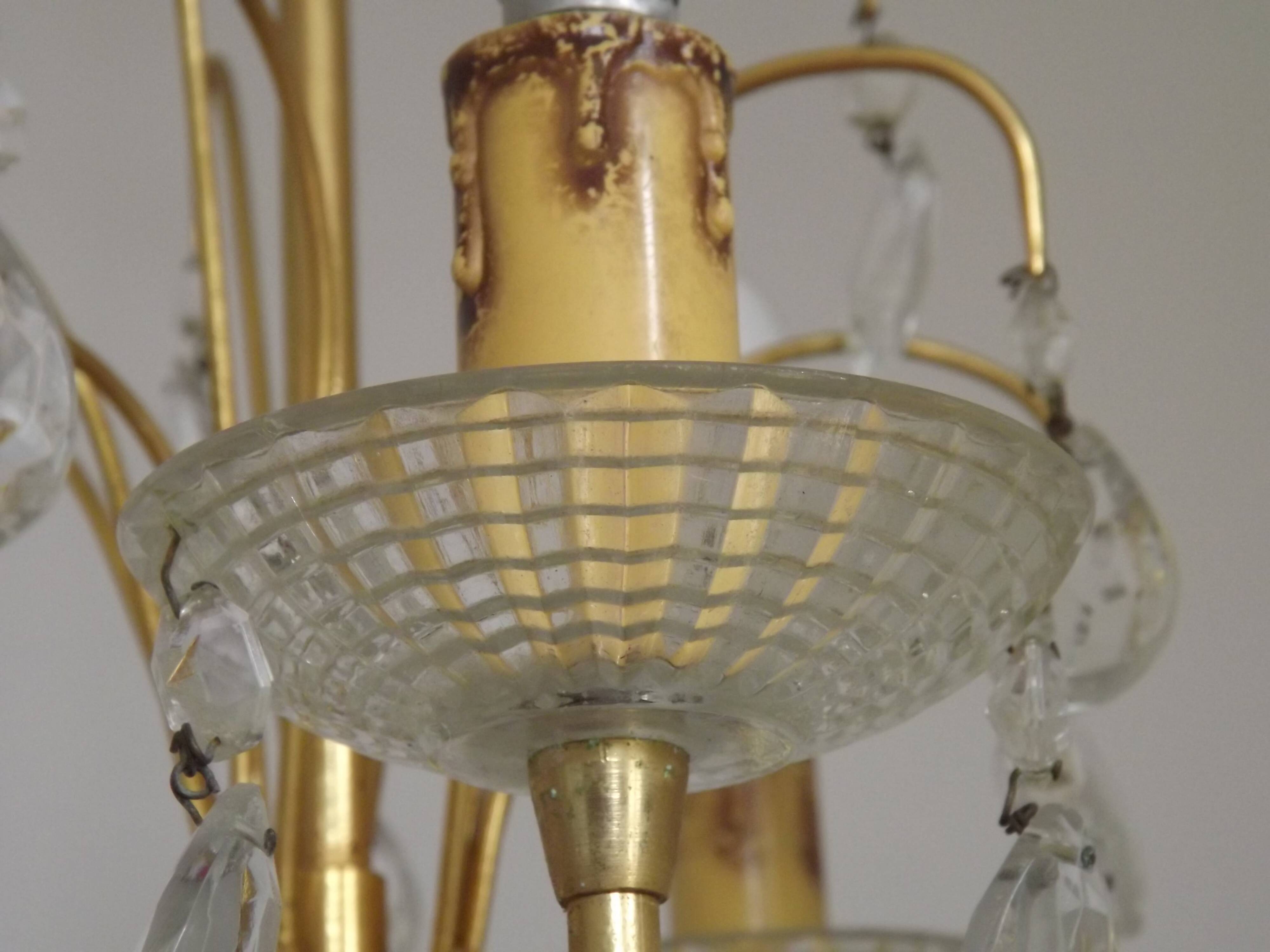 French Vintage Gold Effect Metal-Crystal 3 Light Chandelier Glass Bobeches