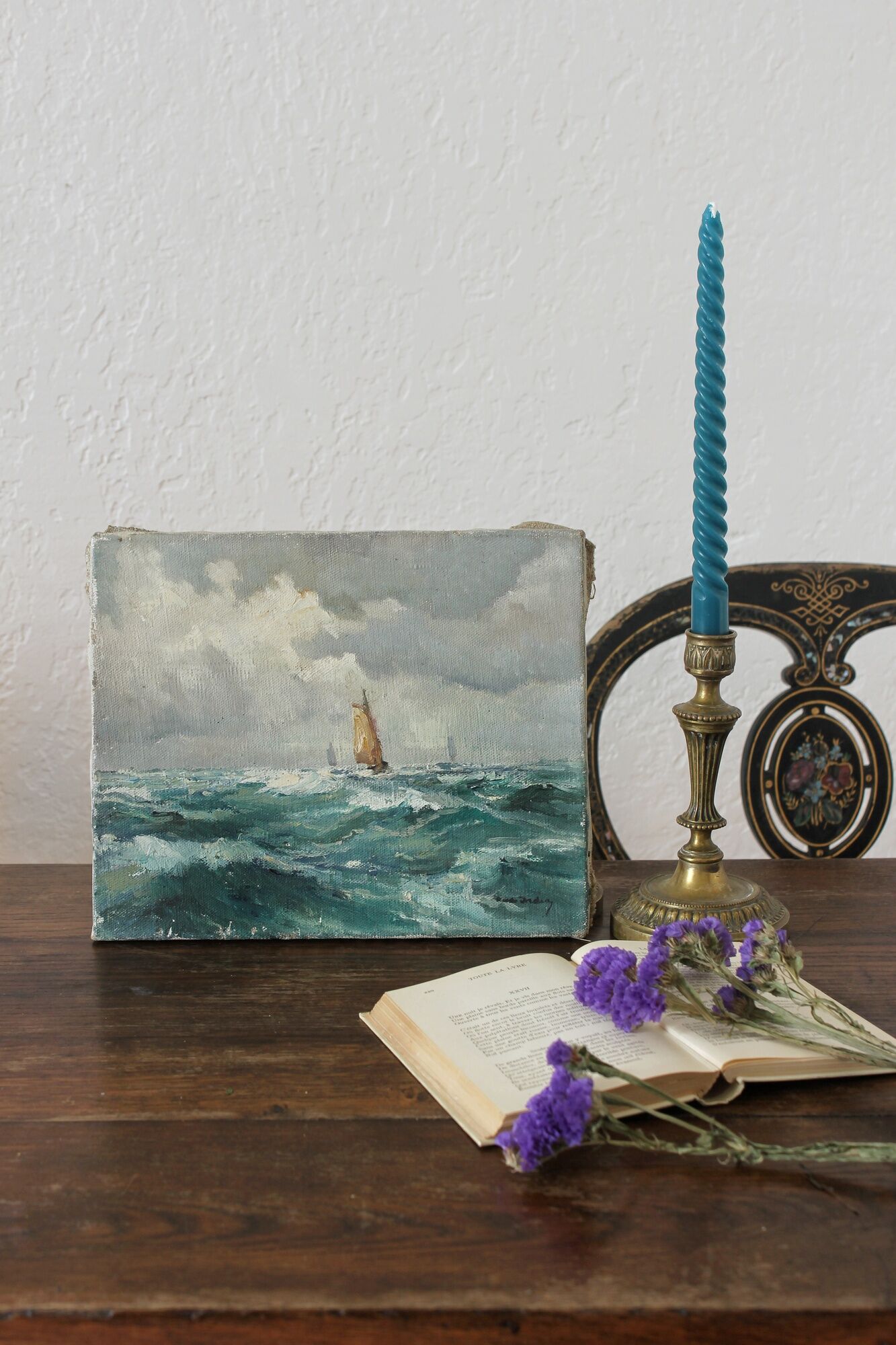 Old painting oil on marine canvas signed, early twentieth century