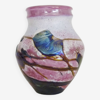 Pink purple iridescent vase by jean-claude novaro, glassmaker, 1990 with certificate of origin