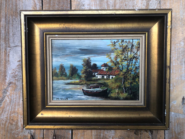 Tableau Huile Sur Panneau M. NIAVEL Vue Maison Bord Rivière + Cadre Doré #A214