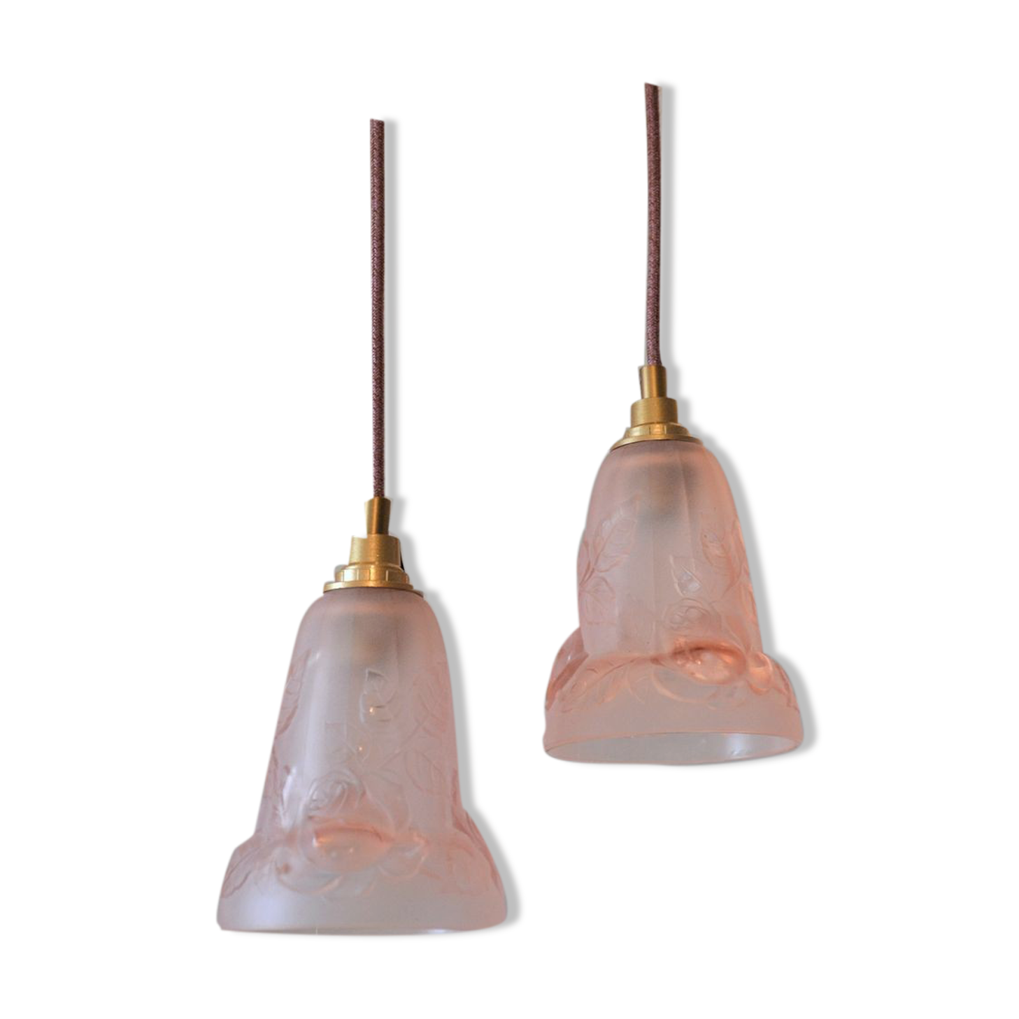 Pair of art nouveau style pendants in pink molded glass