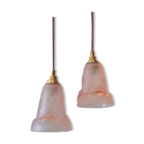 Pair of art nouveau style pendants in pink molded glass