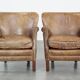 Set of 2 nice, subtle cowhide armchairs with reversible Kelim seat cushions