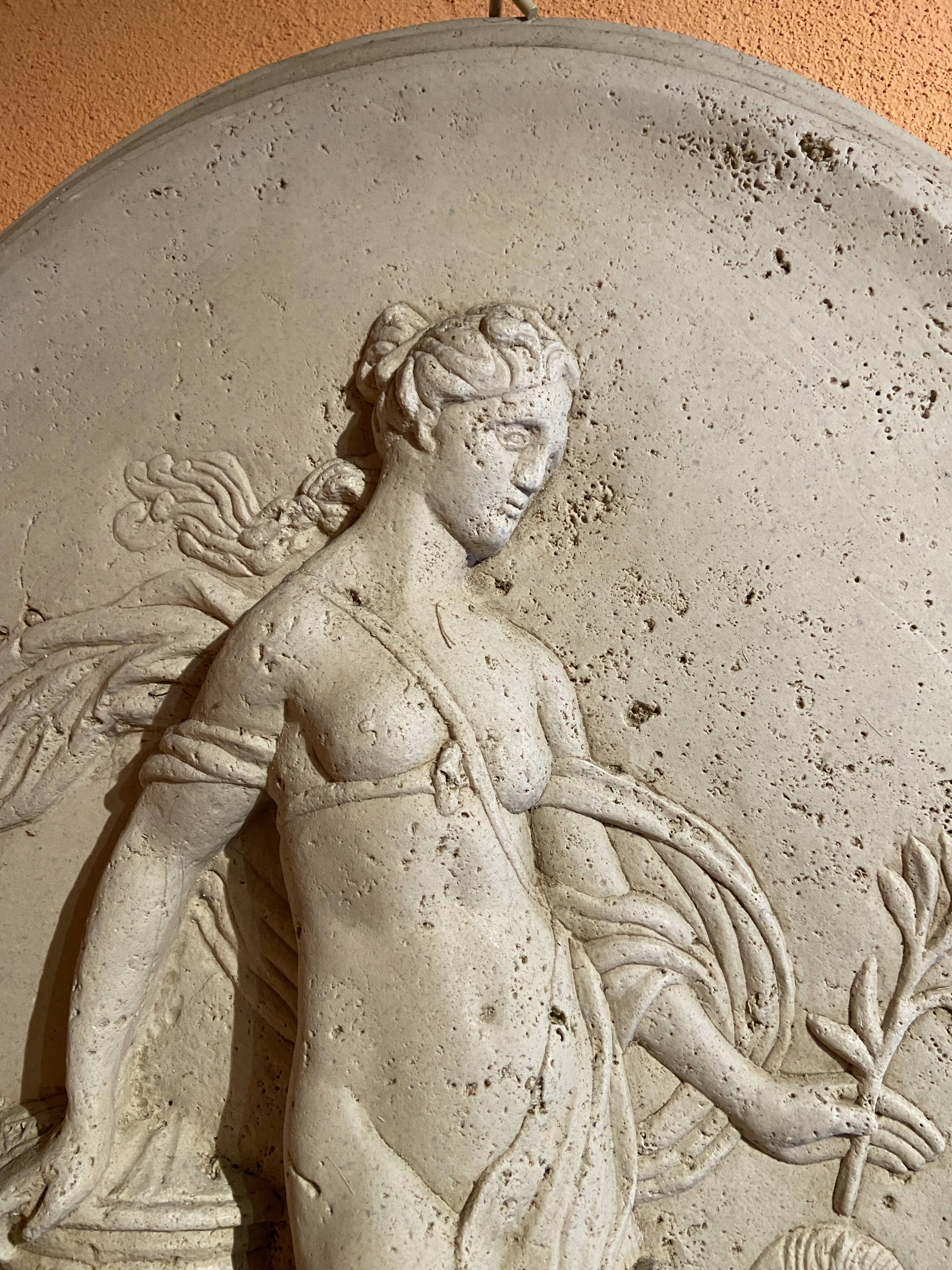 Imposing Oval bas-relief style Antique Italian travertine