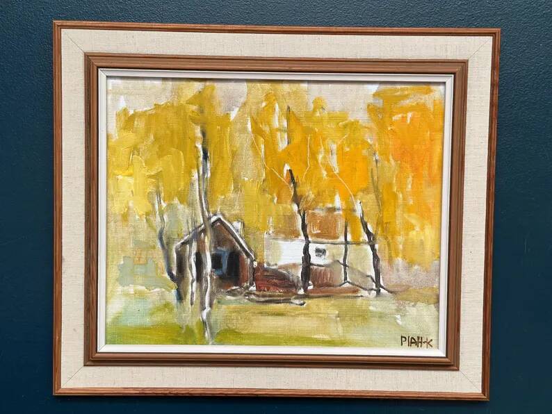 Original Swedish Oil on Canvas – "Houses and Trees in Autumn" by Pia H. Campbell