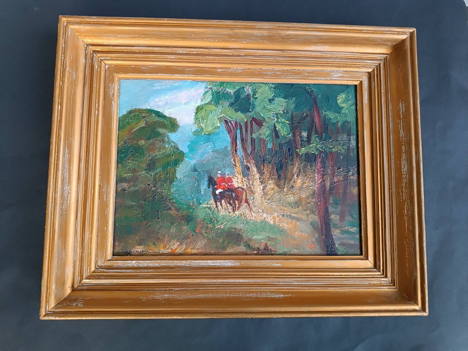 Oil painting, horseback riding in the forest