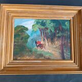 Oil painting, horseback riding in the forest