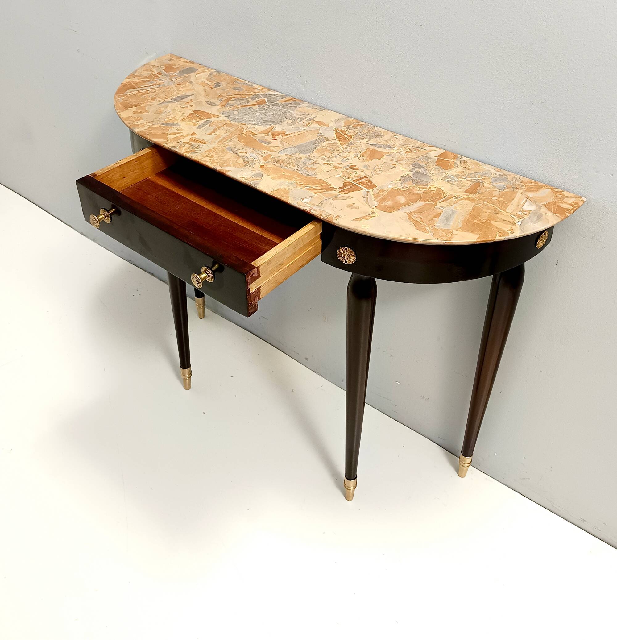 Ebonized Beech Console with a Demilune Macchiavecchia Marble Top attr. to Paolo Buffa