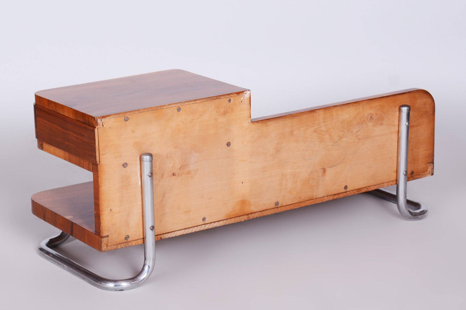 Art Deco Pedestal Table in Walnut & Chrome attributed to Mücke Melder, Czech, 1930s