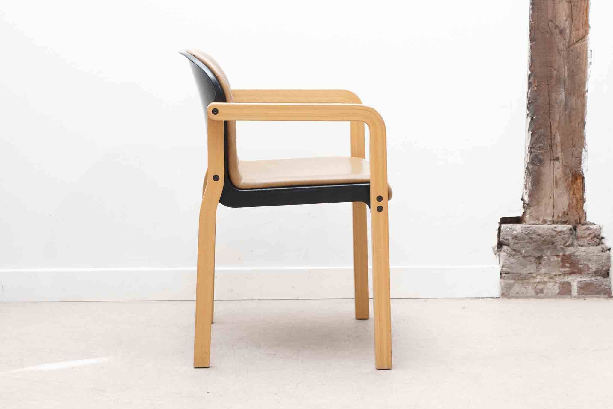 Kembo armchair in brown leatherette and beech