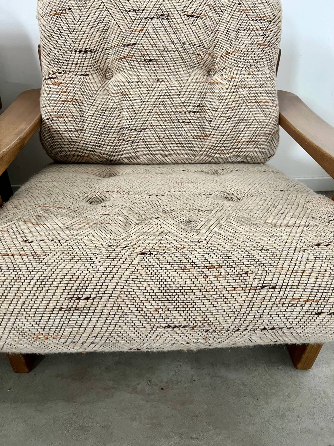 Lot of 2 solid elm armchairs, Maison Regain design, 70s vintage