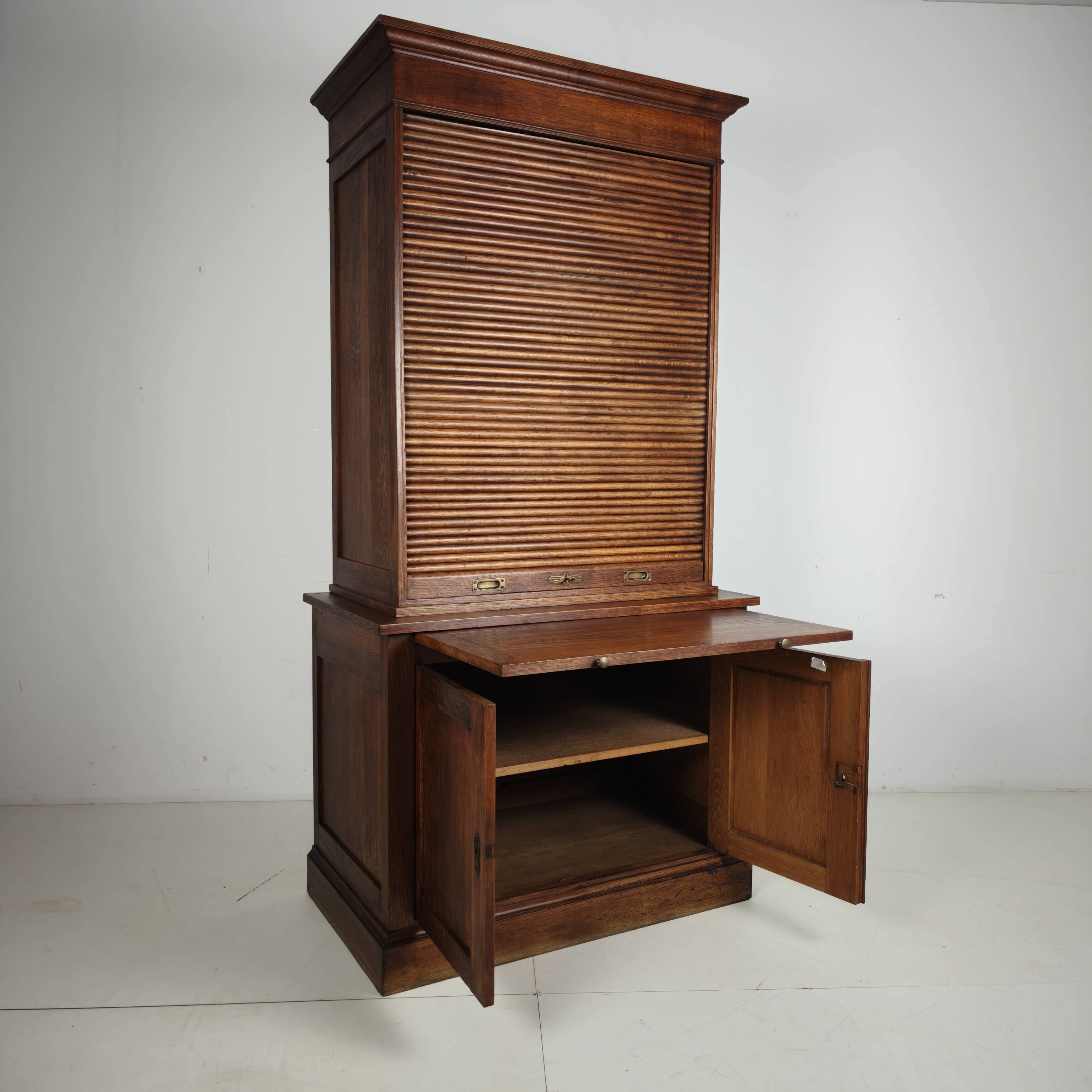 1930s Dutch Oak Roll-Top Notary Cabinet / Archive Cabinet