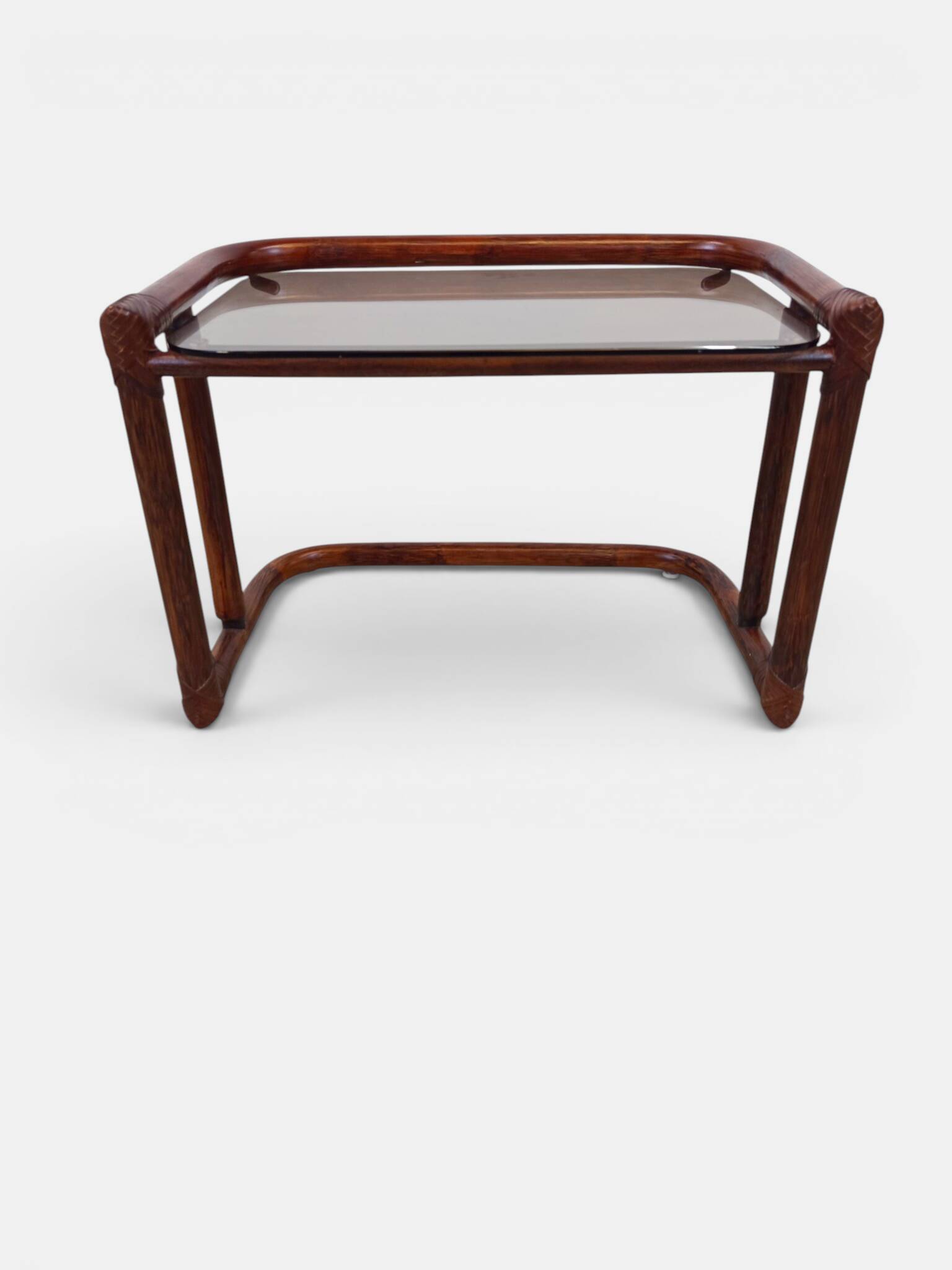 Vintage nesting tables in rattan and smoked glass by Flecht-Atelier Schütz.
