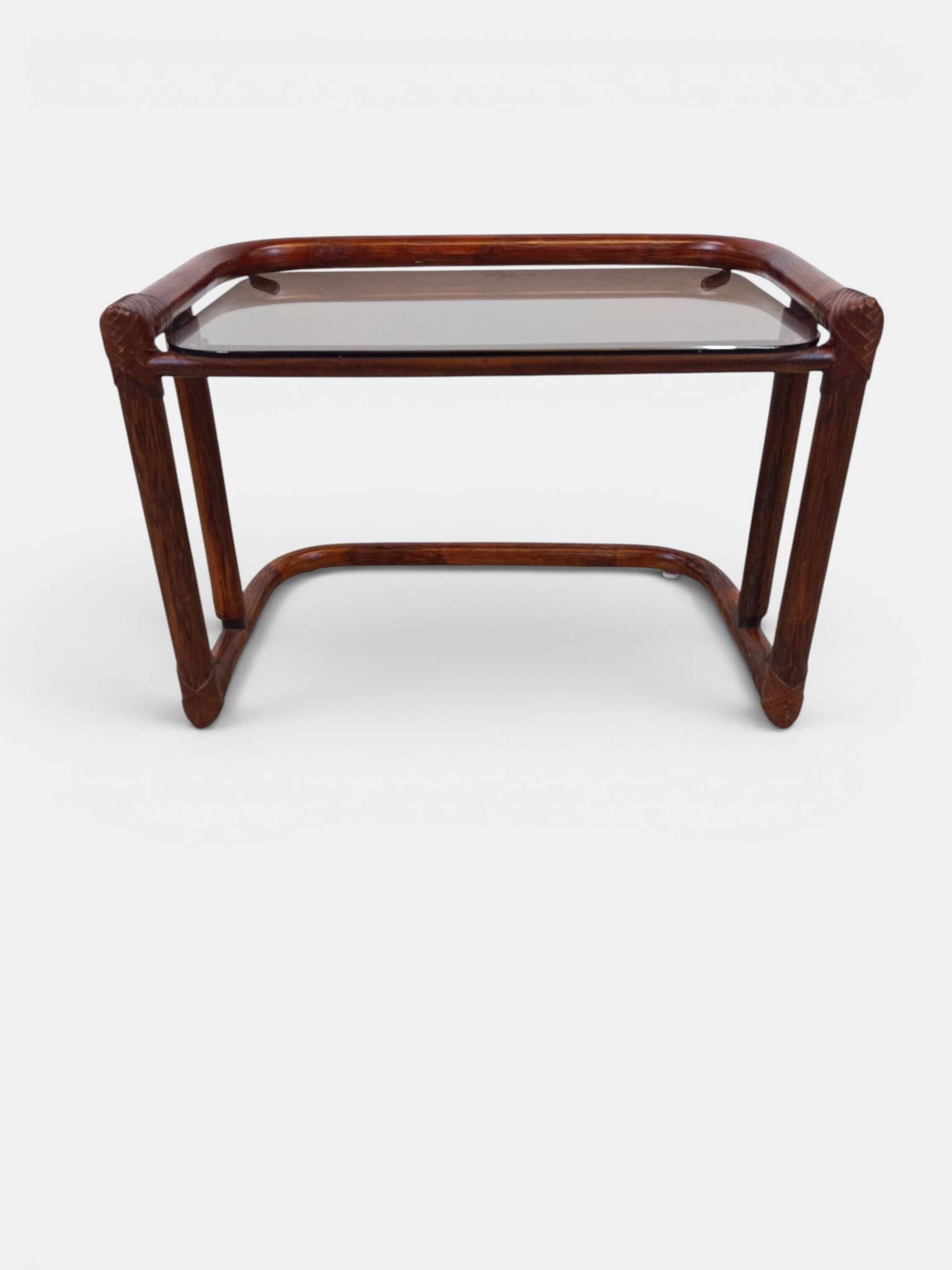 Vintage nesting tables in rattan and smoked glass by Flecht-Atelier Schütz.