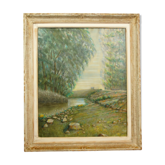 Glass framed pastel "The Bridge to Ville-sur-Retourne" Victor ROUBY (1894-1976)