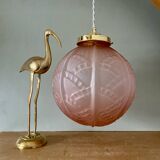 Vintage art deco globe pendant light in pink frosted glass