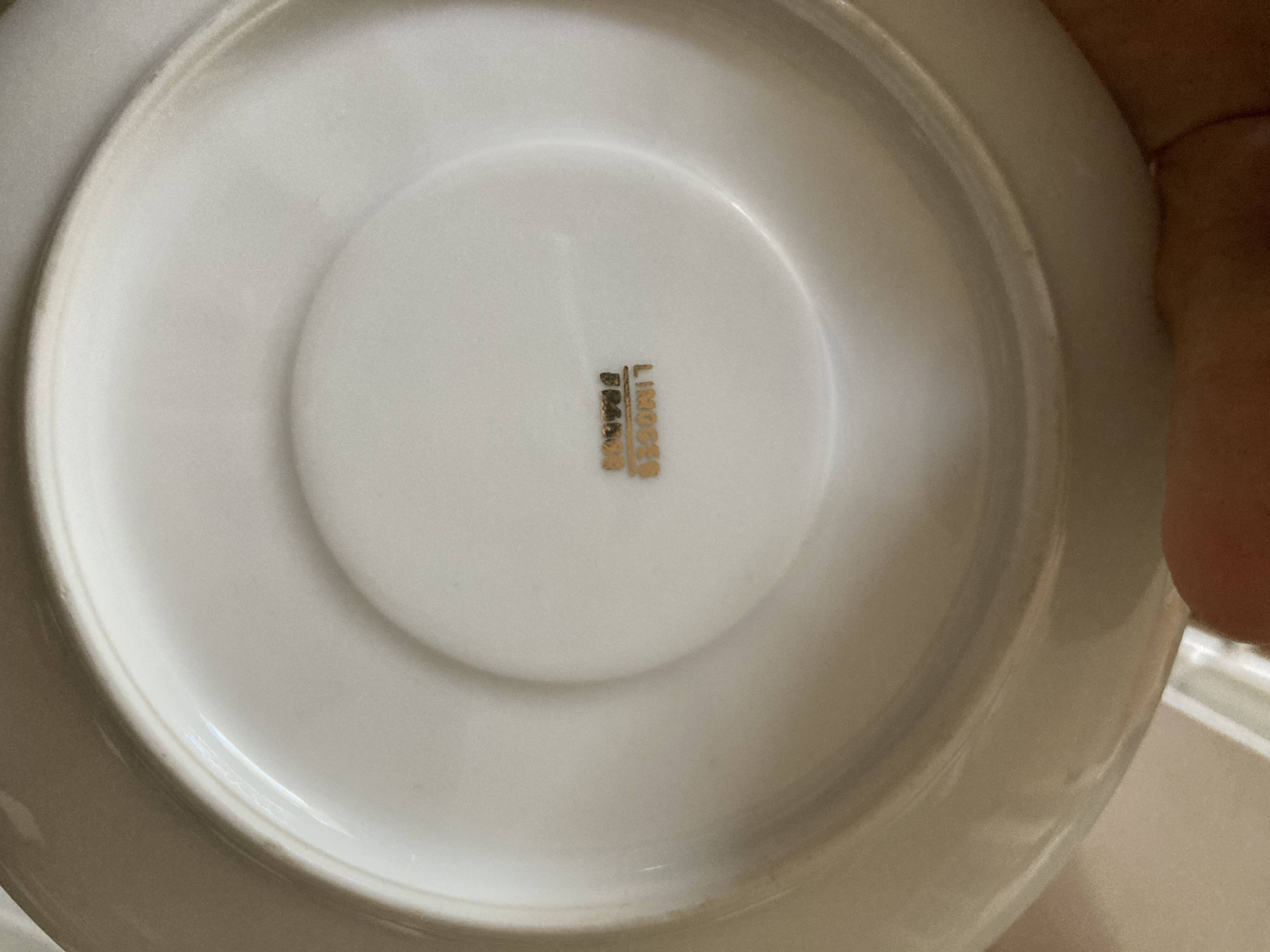 Vintage Limoges porcelain chocolate teacups in pastel yellow and gold