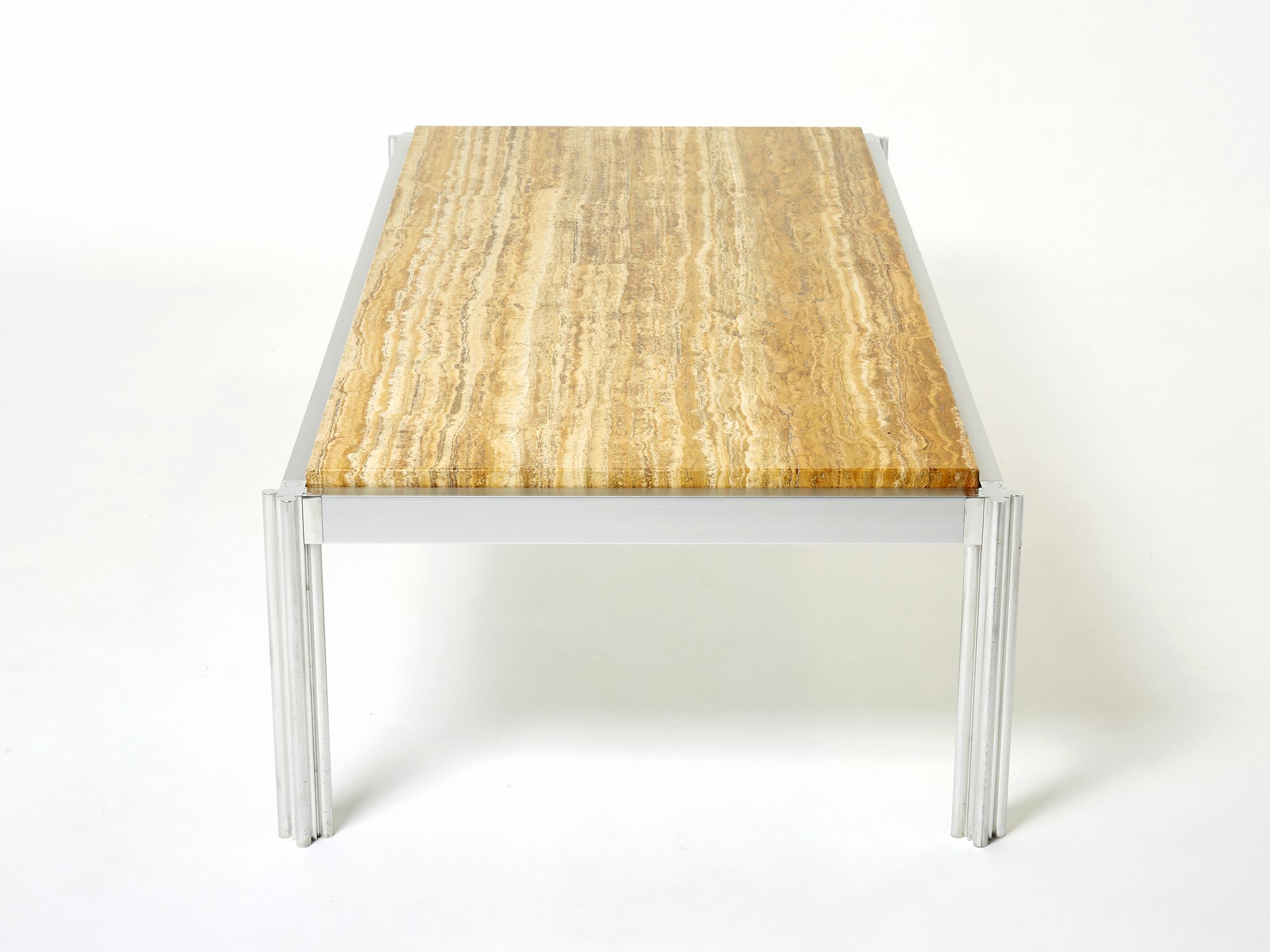 Table basse chrome aluminium travertin jaune George Ciancimino 1975