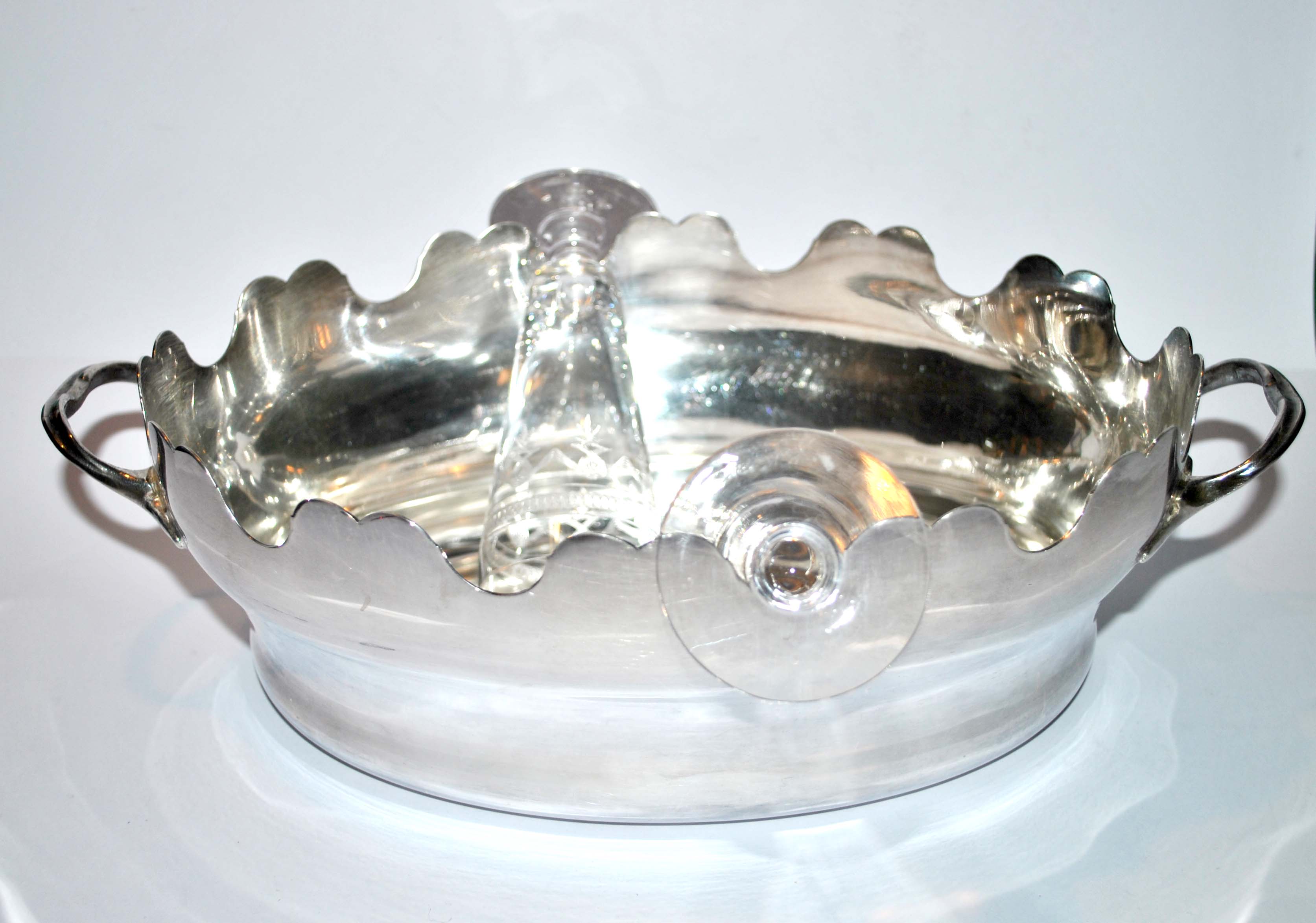 Antique glass cooler in silver metal - corbeille verrière à glace